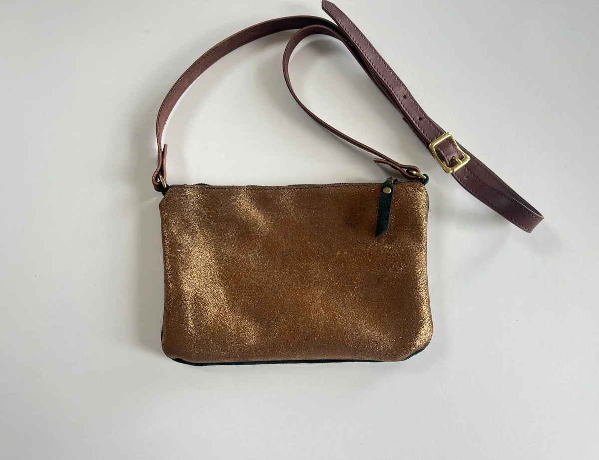 LMOR Studio Cornwall olive cross-body bag in forest green and bronze with lined interior