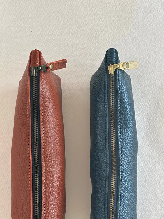 Tan leather pencil case detail by LMOR Studio Cornwall, handmade craftsmanship