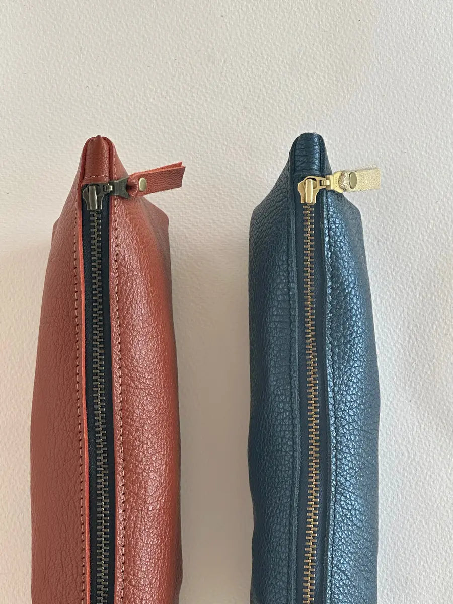 Tan leather pencil case detail by LMOR Studio Cornwall, handmade craftsmanship