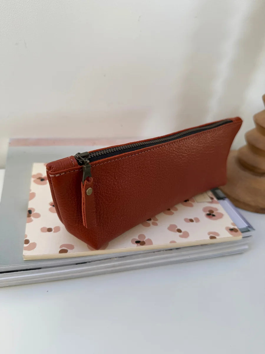Tan leather pencil case by LMOR Studio Cornwall, handmade storage organizer