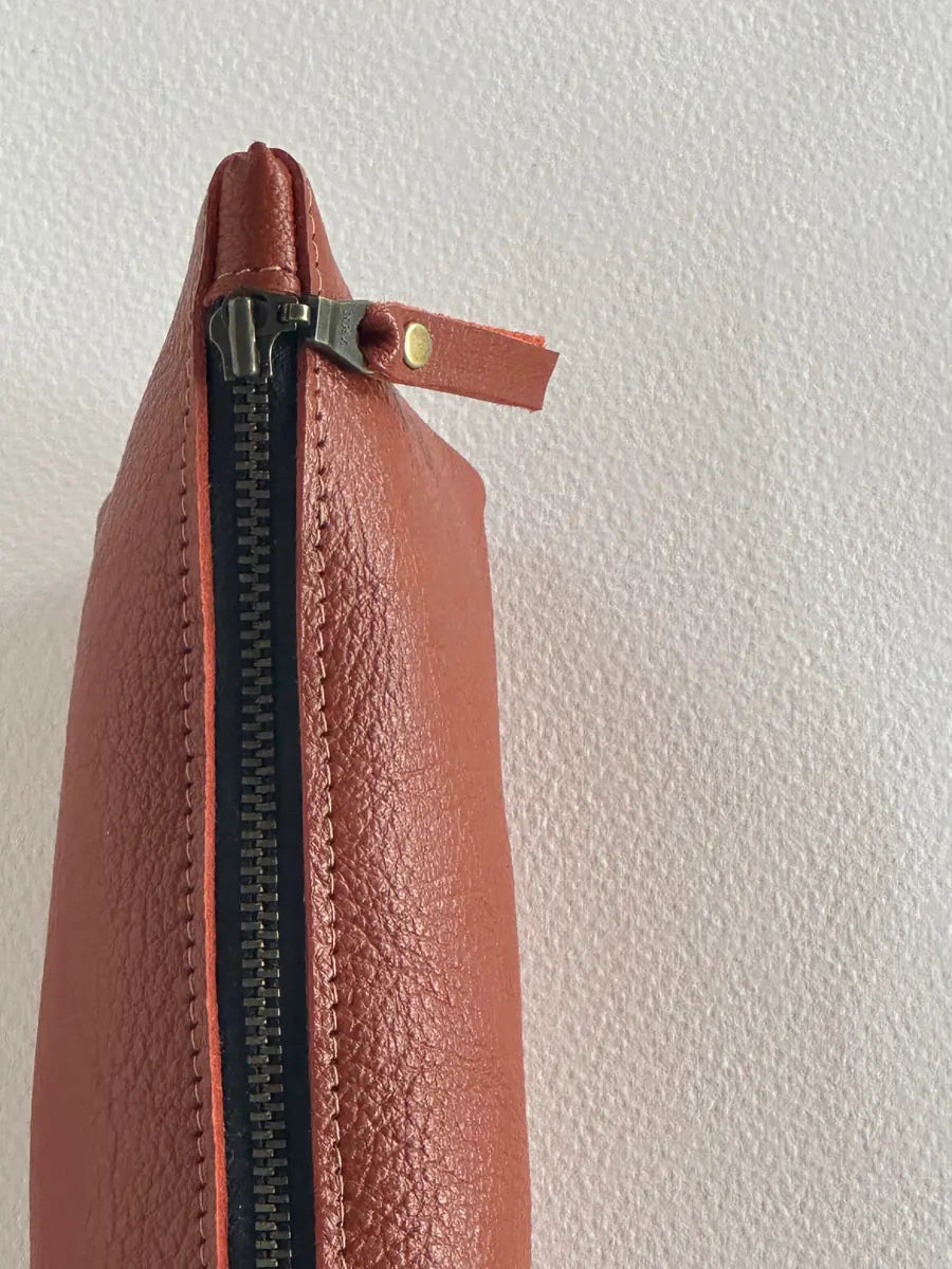 Tan leather pencil case by LMOR Studio Cornwall, handmade design view