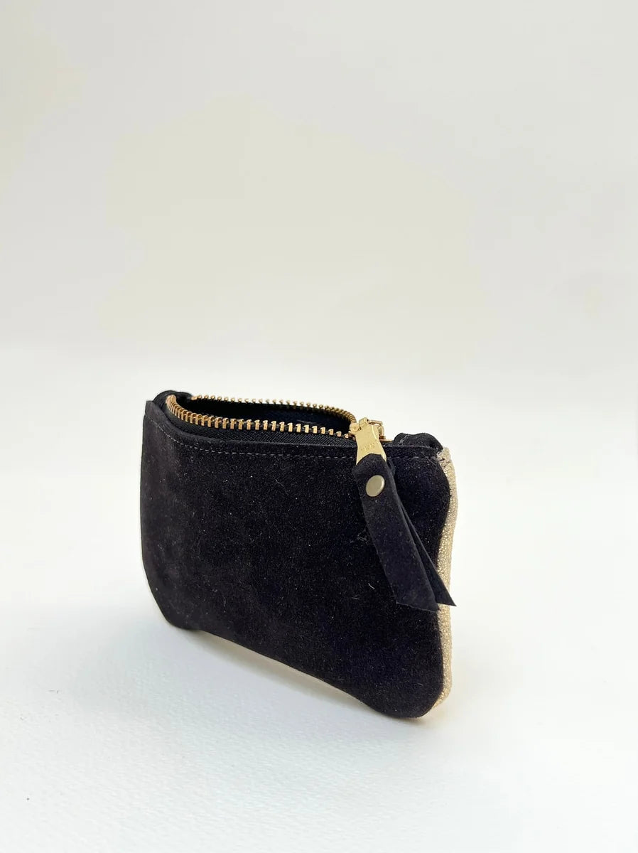 Small gold and black coin purse by LMOR Studio Cornwall, handmade detail close-up