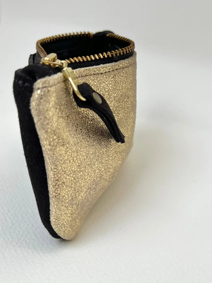 Small gold and black coin purse by LMOR Studio Cornwall, handmade leather wallet detail view
