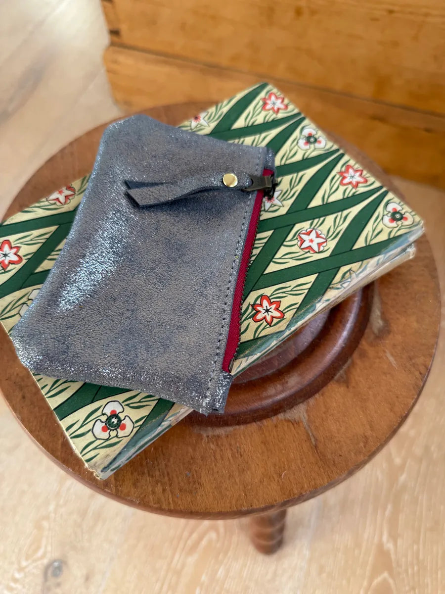 Small pewter and red coin purse by LMOR Studio Cornwall, handmade detail close-up