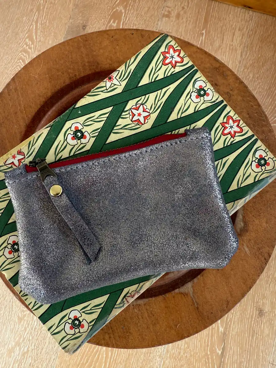 Small pewter and red coin purse by LMOR Studio Cornwall, handmade leather wallet