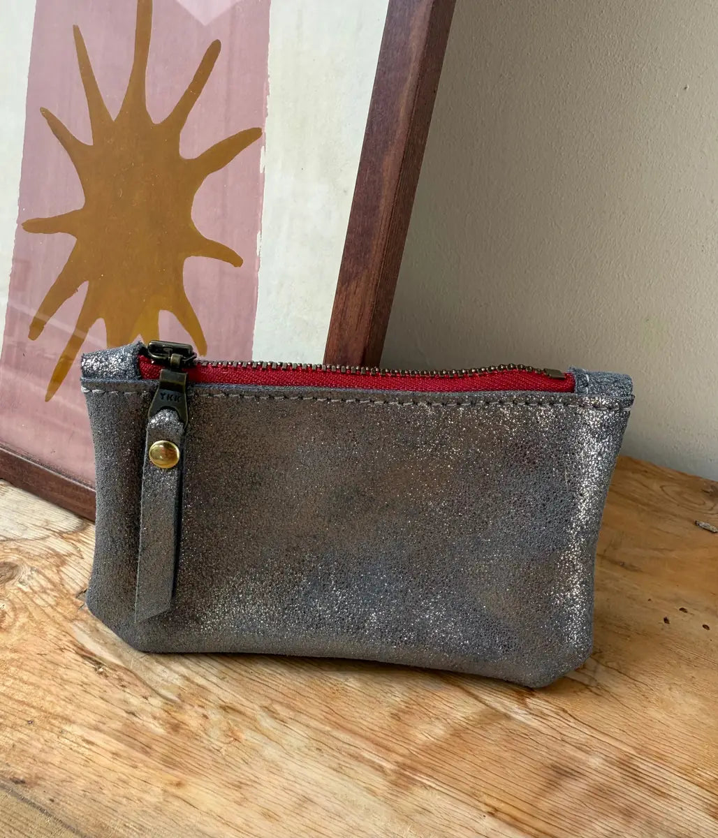 Small pewter and red coin purse by LMOR Studio Cornwall, handmade design detail view