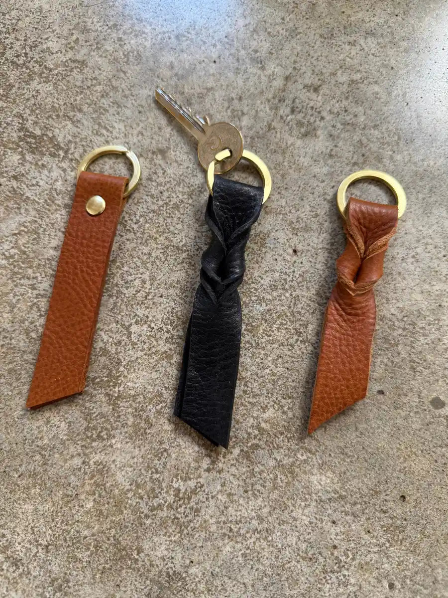 Tan Twist Key Ring by LMOR Studio Cornwall, handmade leather accessory with modern twisted design