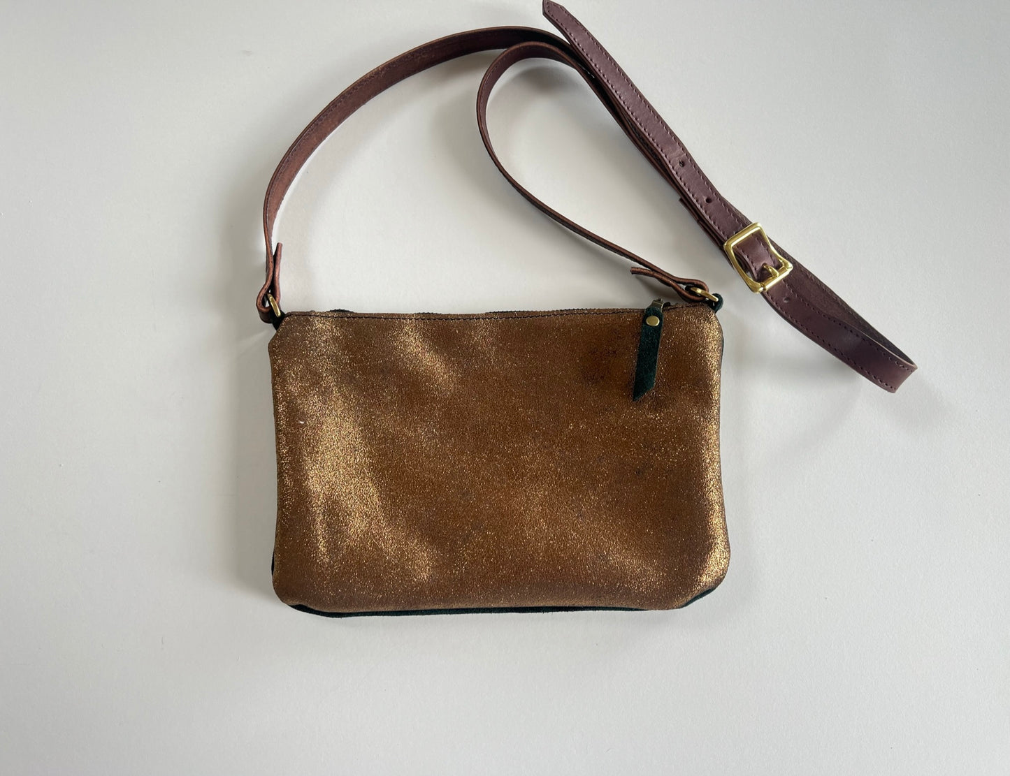 Olive Cross-Body Bag | Forest Green and Bronze. Lined